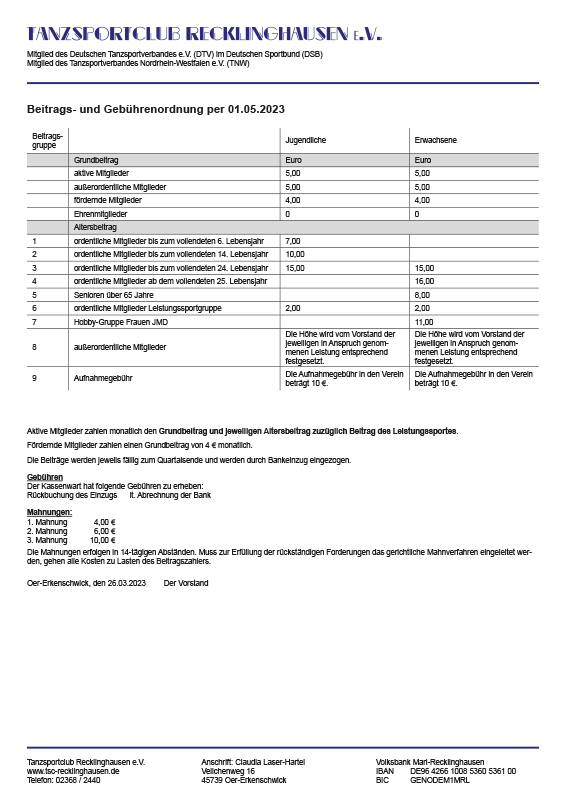 Beitragsordnung des TSC Recklinghausen